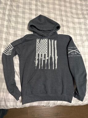 Grunt Style Charcoal Gray Hoodie with Distressed Flag Rifle Graphic